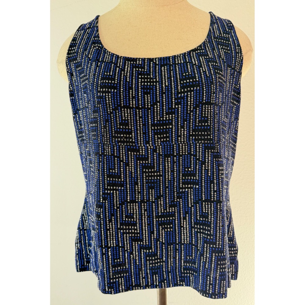 Y2K Alex Evenings Tank Top Metallic Blue Silver Geometric Boho Party Large